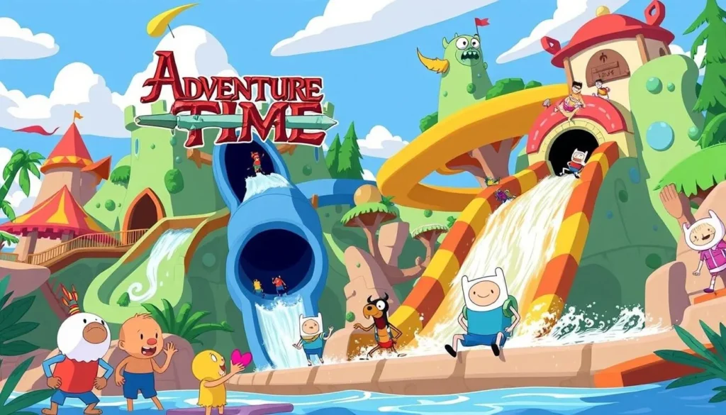 Generate an image of Cartoon Network Amazone's Adventure Time zone, featuring the show's characters and themed water slides.