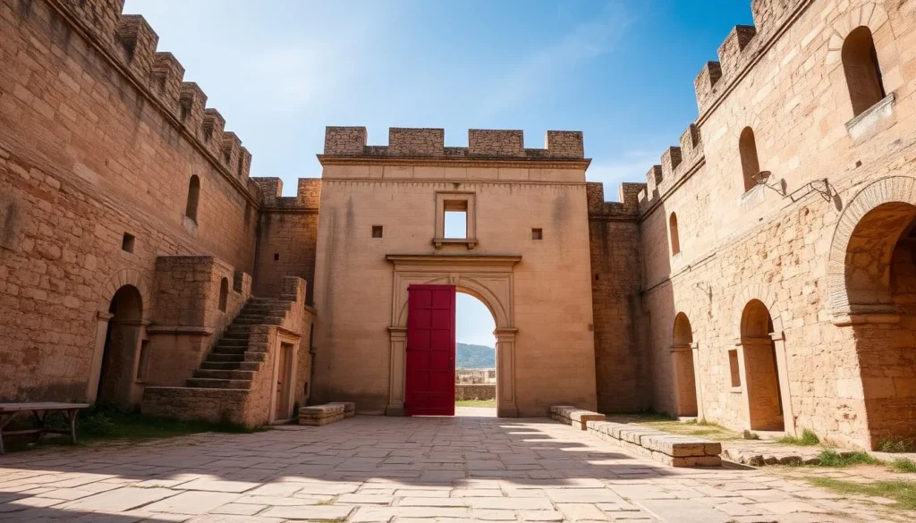 Generate an image of Castello Viejo, Oran's oldest fort, with its distinctive red gate and historic ruins.