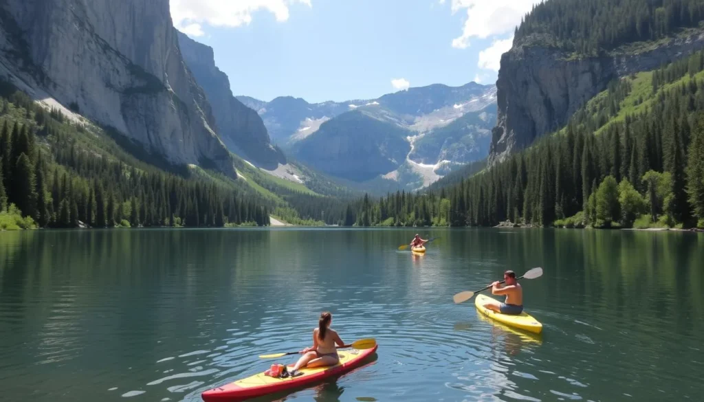 Generate an image of Castle Lake surrounded by towering granite cliffs and pristine forest, with people paddleboarding or picnicking.