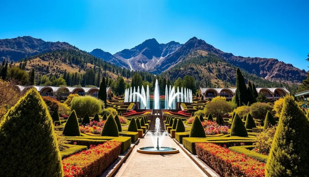 Generate an image of Cerro de las Campanas National Park with its beautiful gardens and fountains.