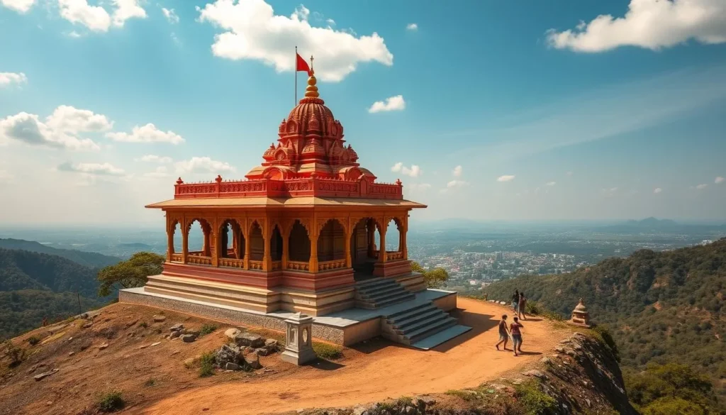 Generate an image of Chandi Mura Temple situated atop Lalmai Hill, showcasing its colorful architecture and panoramic views.