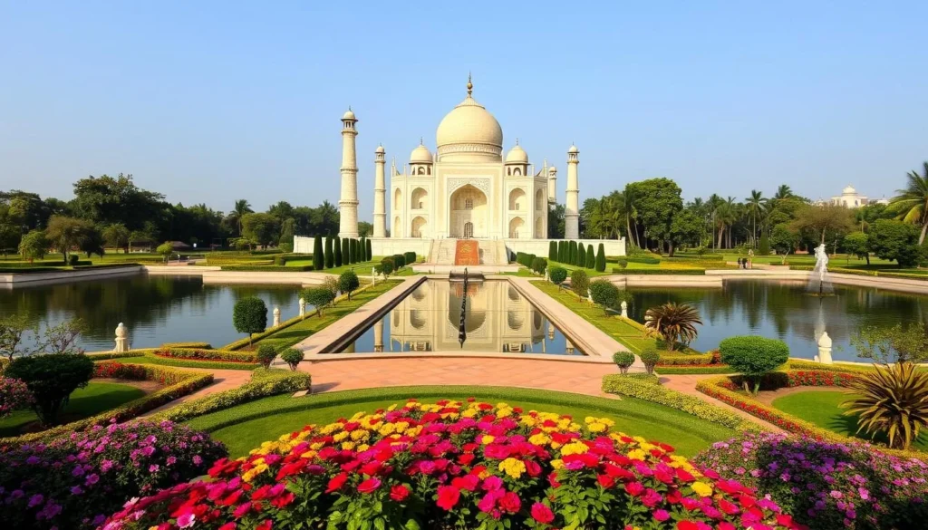 Generate an image of Chandramahal Eco Park with the Taj Mahal-inspired Chandra Mahal building surrounded by water and beautifully landscaped gardens.