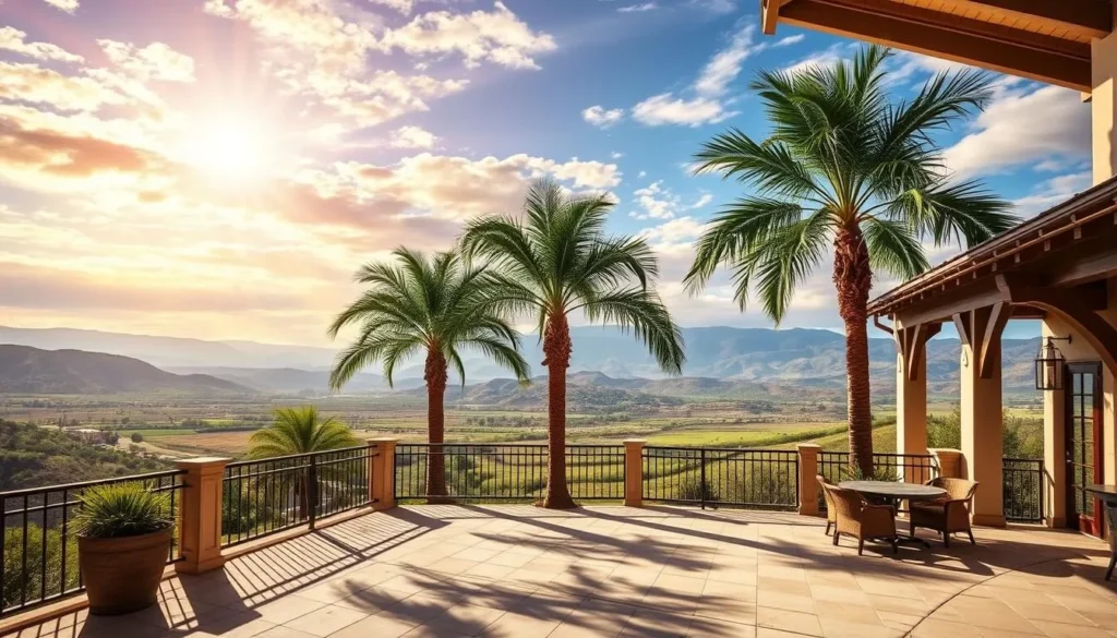 Generate an image of Chapin Family Vineyards' palm tree-lined veranda with expansive views of the Temecula Valley.
