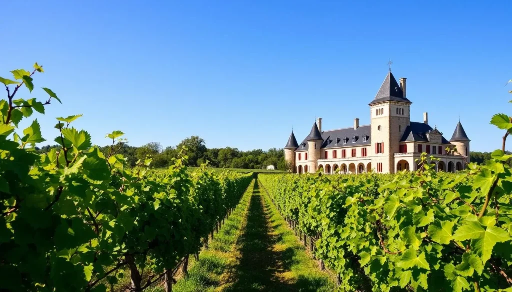 Generate an image of Château Cantenac's vineyard in Saint-Émilion, showcasing its lush vineyards and traditional architecture.