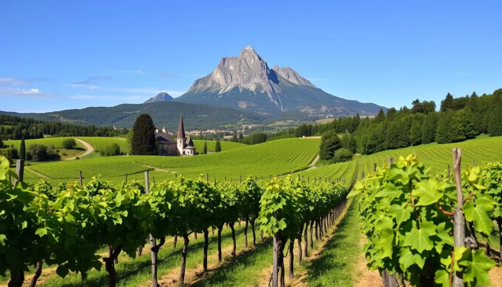 Generate an image of Château Gassier's vineyards at the foot of Mount Sainte-Victoire
