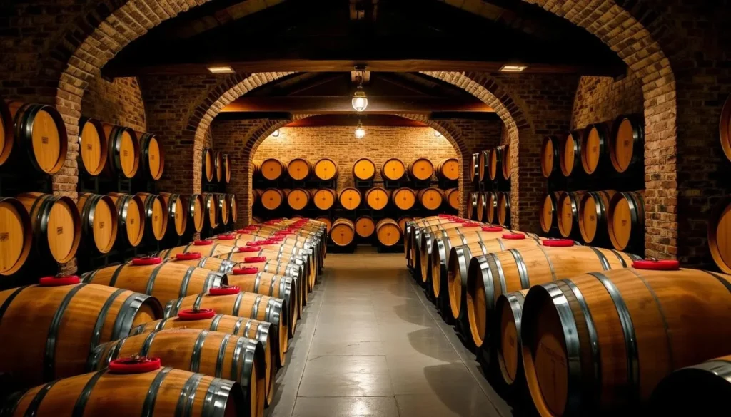 Generate an image of Château Pape Clément's cellar, showcasing its wine barrels.