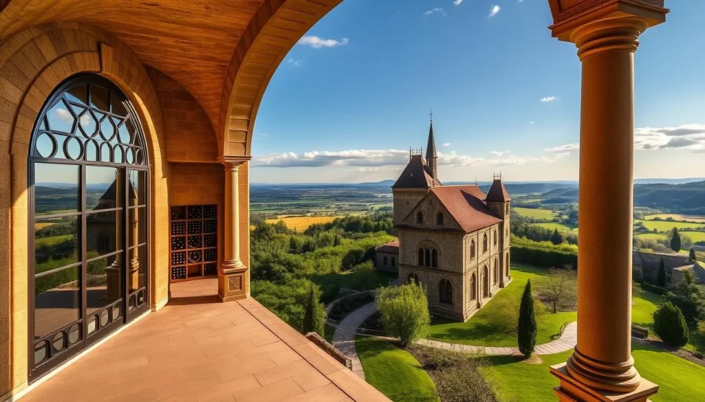 Generate an image of Château Romanin's "Cathedral Wine Cellar" with panoramic views.