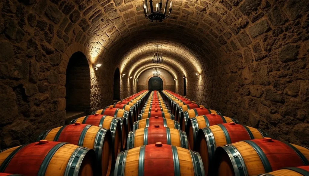 Generate an image of Château Saint-Martin's ancient cellars with wine barrels