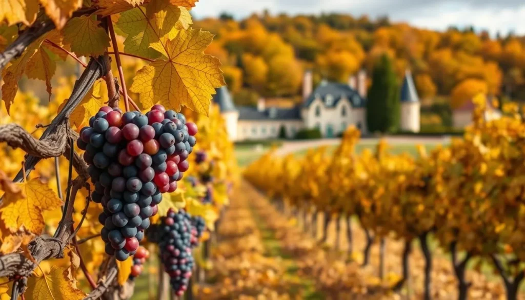 Generate an image of Château Smith Haut Lafitte's vineyards during harvest season.
