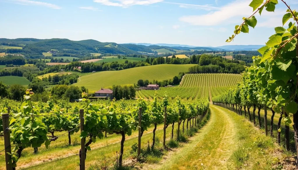 Generate an image of Château Thieuley's vineyards in Entre-Deux-Mers, highlighting its sustainable practices and beautiful landscapes.