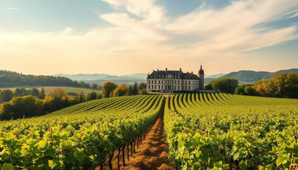 Generate an image of Château de Berne's vineyards with a luxurious backdrop