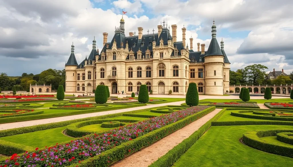 Generate an image of Château de Chambord with its distinctive Renaissance architecture and beautiful gardens.