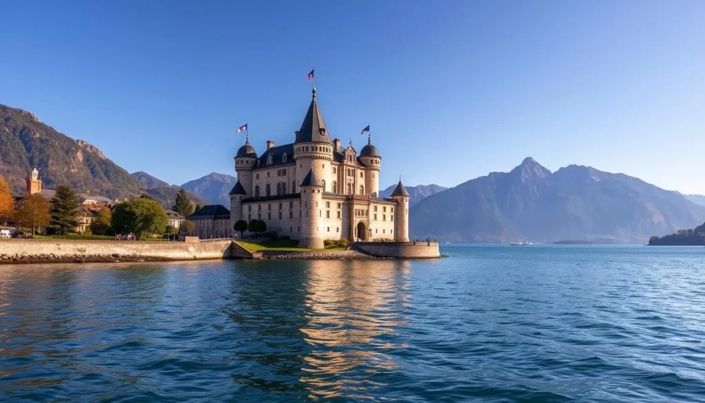 Generate an image of Château de Chillon with Lake Geneva in the background.
