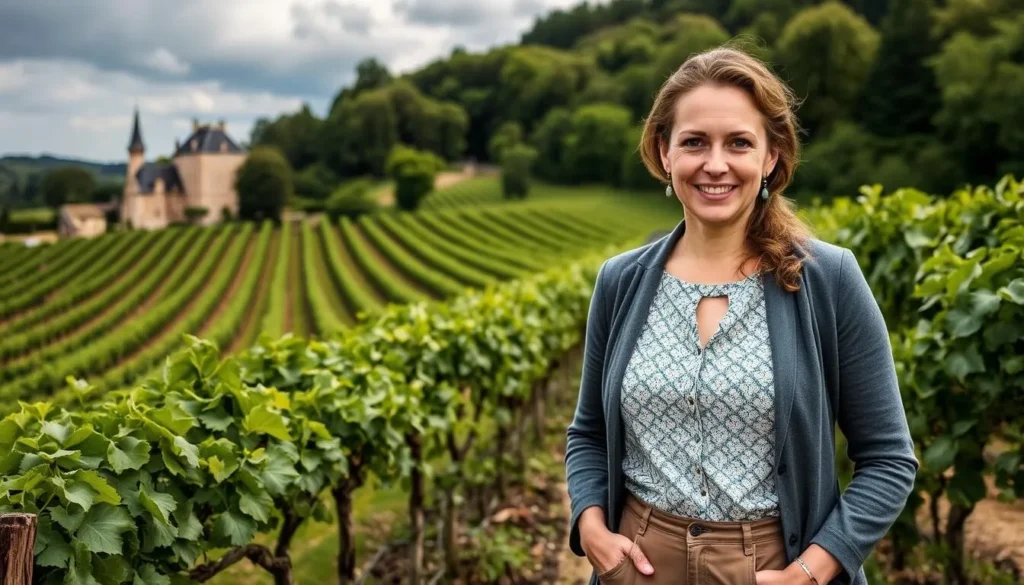 Generate an image of Château du Payre, showcasing its vineyards and Valérie Labrousse, highlighting the estate's unique female-led winemaking tradition.