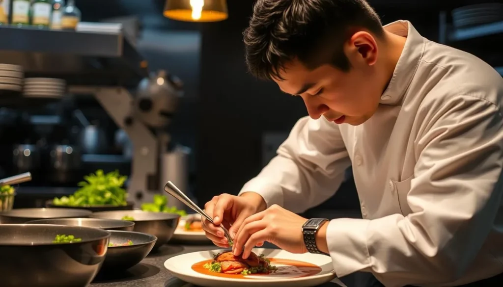 Generate an image of Chef Rinto Sasagawa preparing a signature dish at Takahashi Singapore, emphasizing the chef's attention to detail.