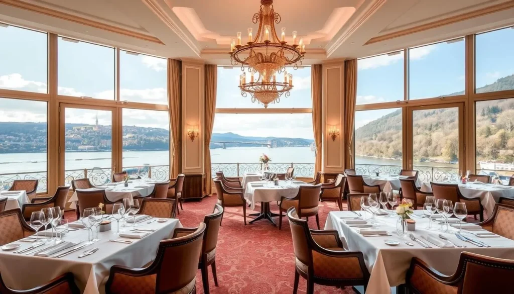 Generate an image of Cheval Blanc's elegant dining room with a view of the Rhine River.