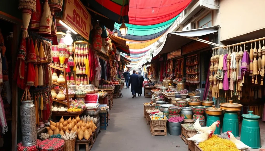 Generate an image of Chicken Street in Kabul, showcasing vibrant stalls selling traditional Afghan handicrafts.