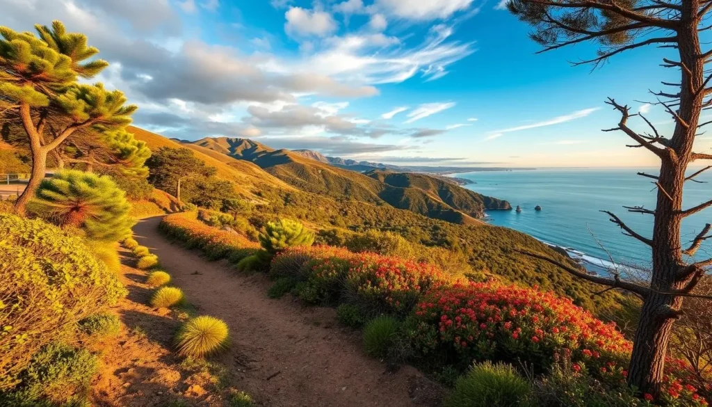 Generate an image of China Camp State Park's scenic hiking trails and waterfront views.