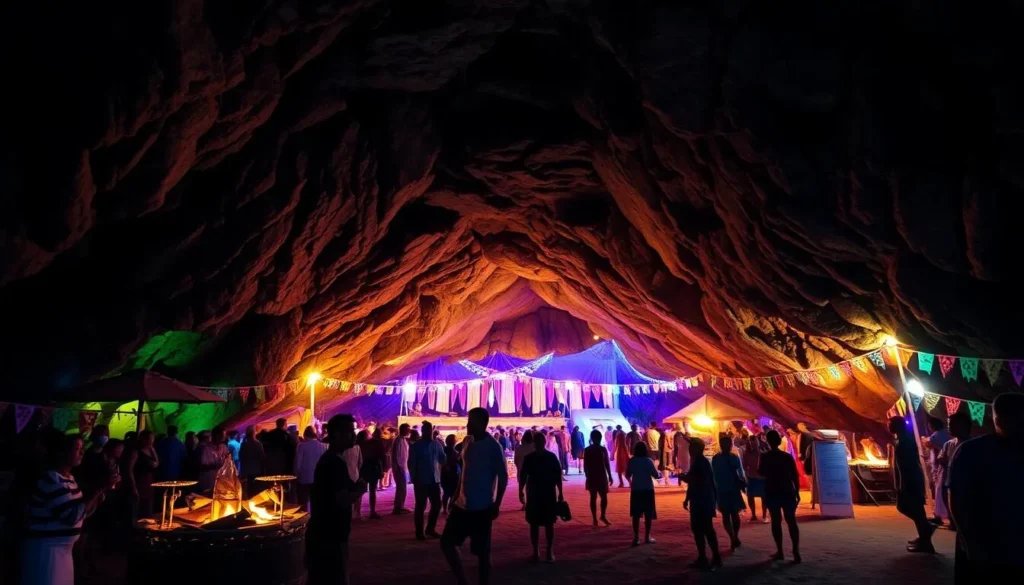 Generate an image of Christian's Cave on Pitcairn Island during the cultural festival