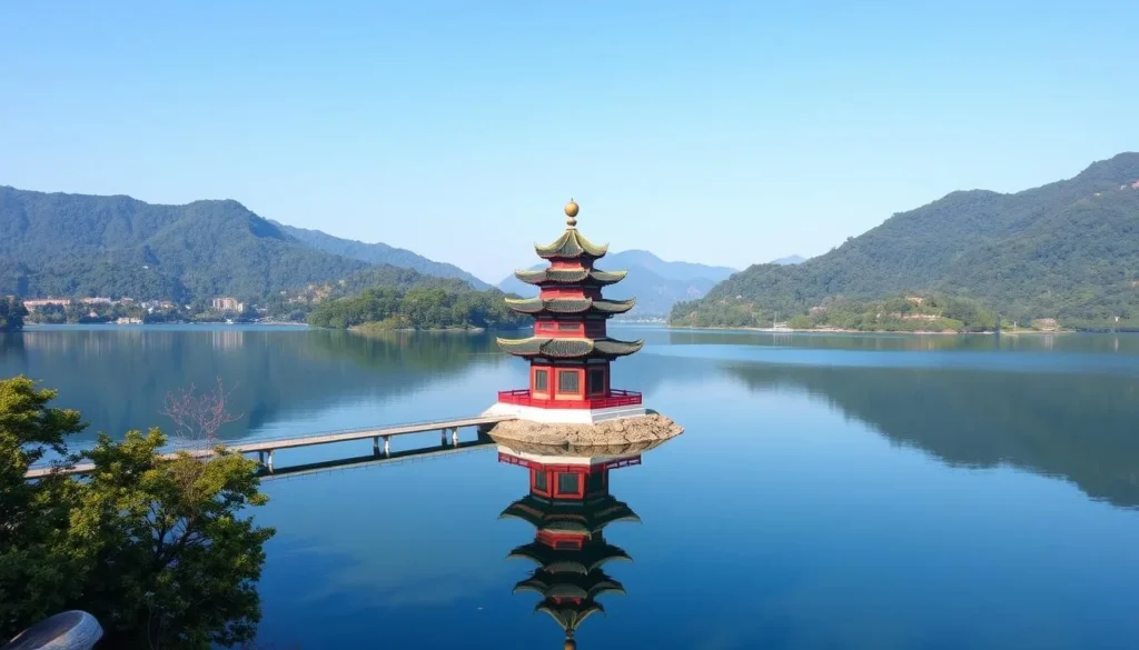 Generate an image of Ci-En Pagoda at Sun Moon Lake