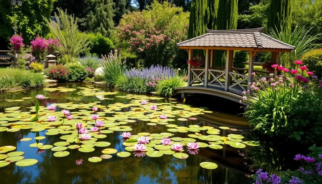 Generate an image of Claude Monet's garden in Giverny, featuring the famous water lilies and Japanese bridge.