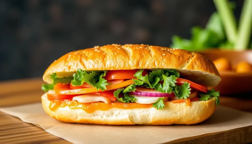 Generate an image of Co Hai Banh Mi & Pho's signature Co Hai baguette