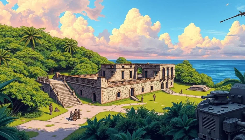Generate an image of Corregidor Island's historic landmarks, such as the ruins of Fort Mills.
