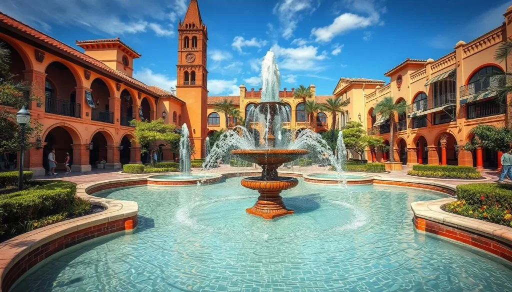 Generate an image of Country Club Plaza, showcasing its Spanish-inspired architecture and beautiful fountains.