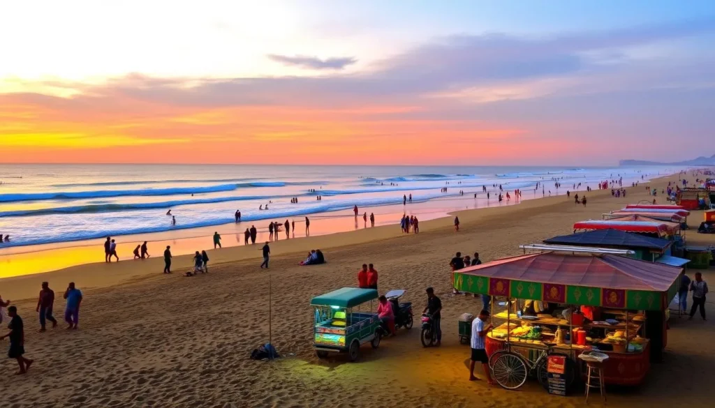 Generate an image of Cox's Bazar beach at sunset with people enjoying the sea and local food stalls.