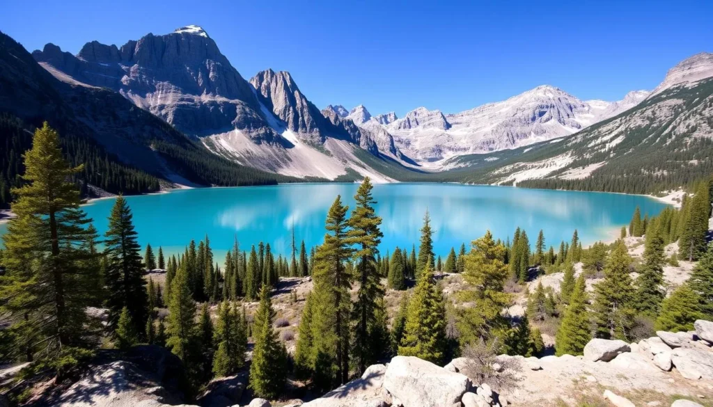 Generate an image of Cracker Lake with its turquoise waters surrounded by towering granite peaks. Generate an image of Cracker Lake with its turquoise waters surrounded by towering granite peaks.
