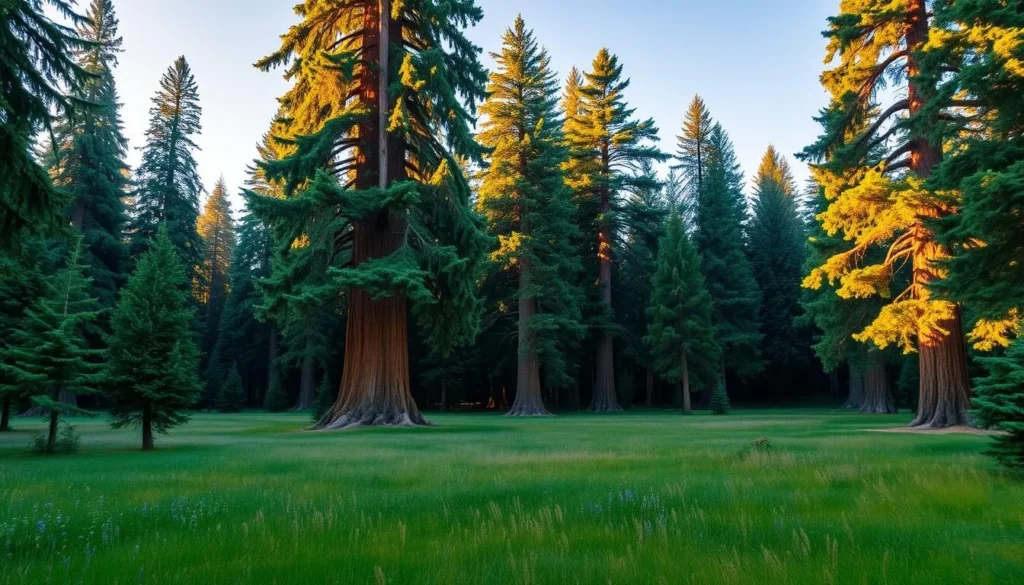 Generate an image of Crescent Meadow surrounded by giant sequoias