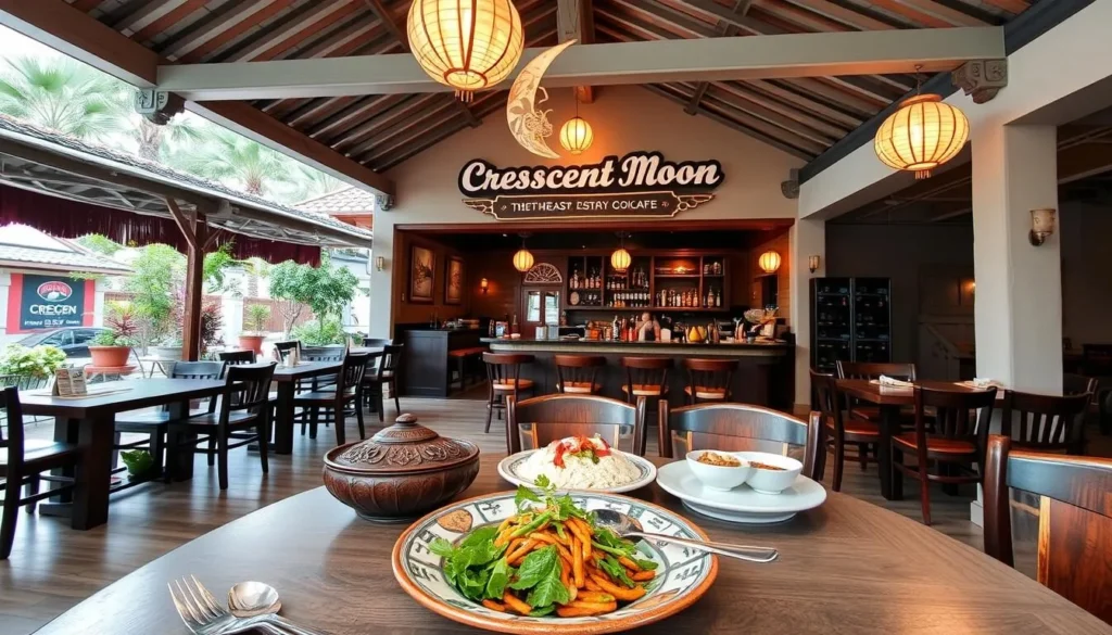 Generate an image of Crescent Moon Cafe with its Southeast Asian cuisine and pottery art in an open-air dining area.