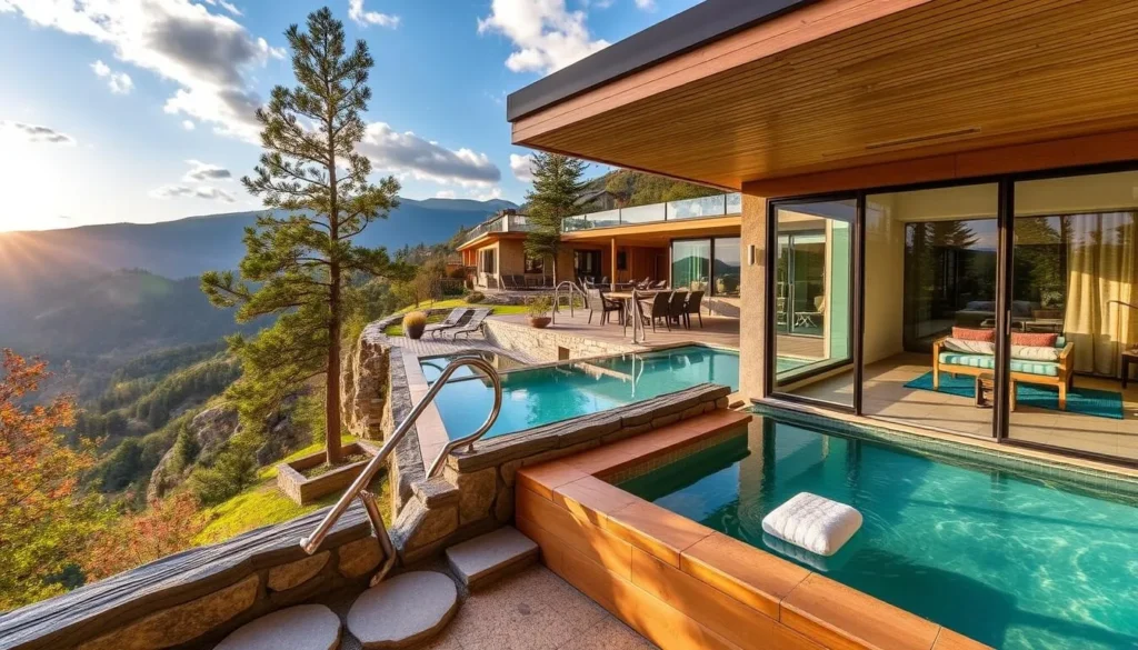 Generate an image of Cristina Villas Mountain Resort, highlighting its scenic surroundings and wellness facilities.
