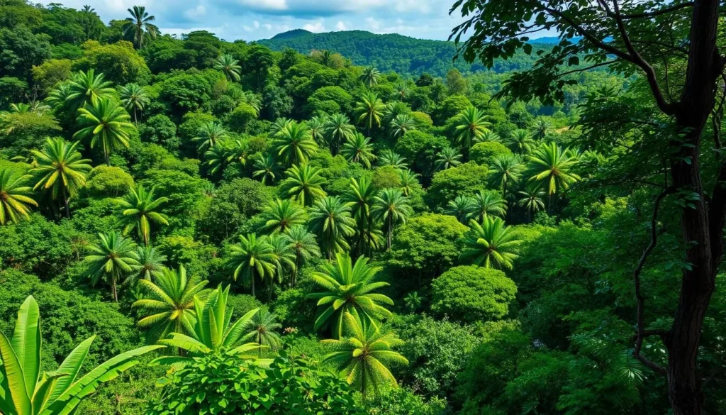Generate an image of Cross River National Park's lush rainforest with diverse wildlife.