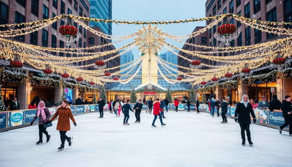 Generate an image of Crown Center's outdoor ice skating rink during the winter season, surrounded by festive decorations.
