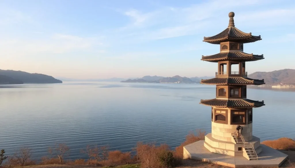 Generate an image of Daecheongho Lake with serene surroundings and a pagoda viewing point in the foreground.