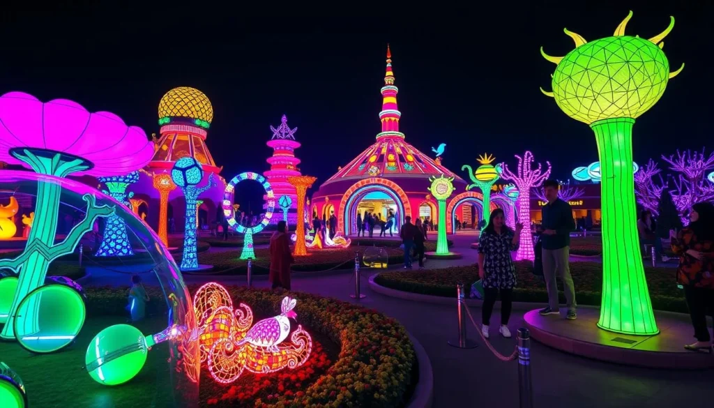 Generate an image of Daejeon O-World at night with vibrant lights and interactive installations.