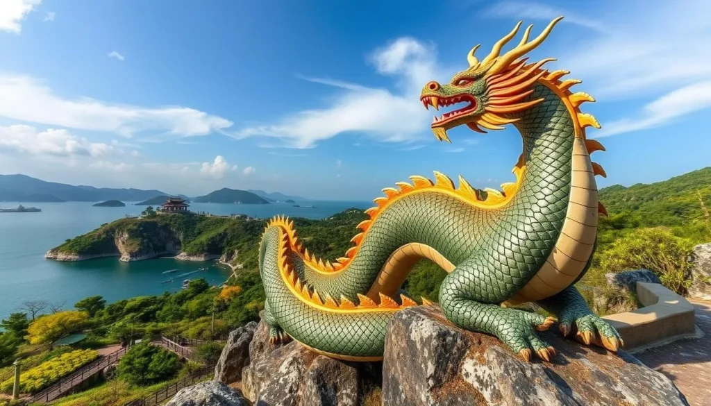 Generate an image of Daewangam Park's scenic coastline with the Dragon Queen legend in focus.