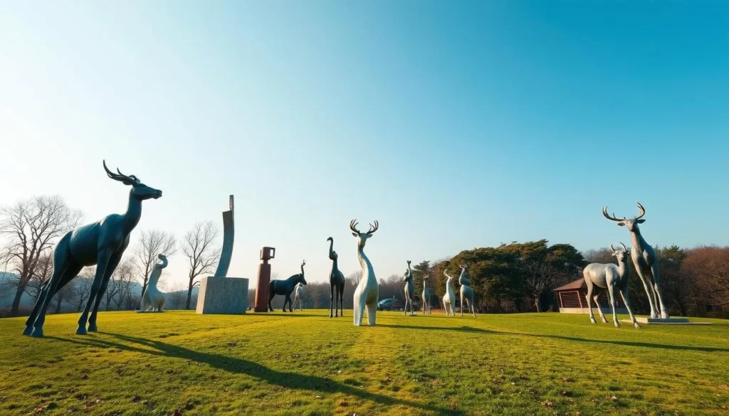 Generate an image of Danwon Sculpture Park, highlighting its sculptures and serene surroundings.
