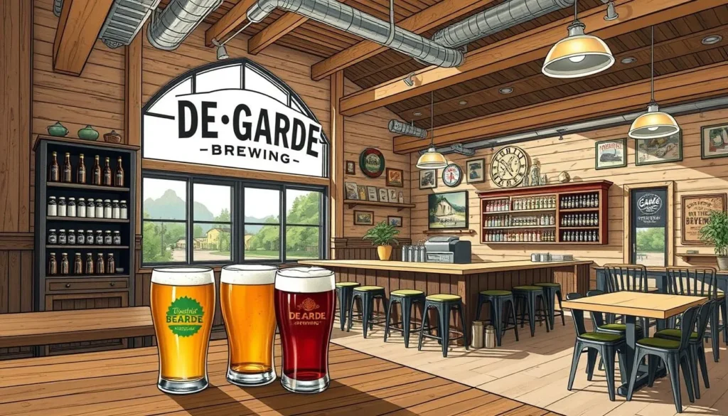 Generate an image of De Garde Brewing's tasting room in downtown Tillamook, showcasing their unique wild-fermented beers.