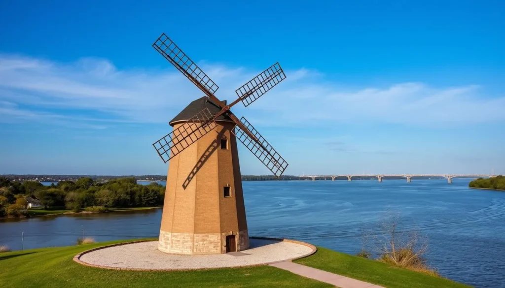 Generate an image of De Immigrant Windmill in Fulton, Illinois, standing tall against the backdrop of the Mississippi River.