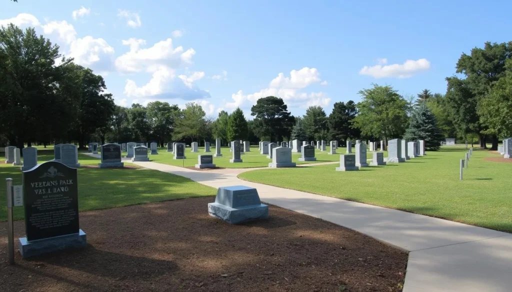 Generate an image of DeSoto County Veterans Park with memorial monuments and a serene atmosphere.