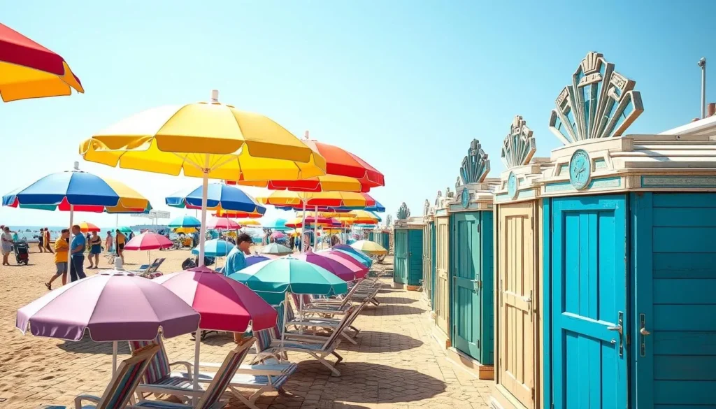 Generate an image of Deauville beach with colorful umbrellas and 1920s wooden art-deco changing cabins.
