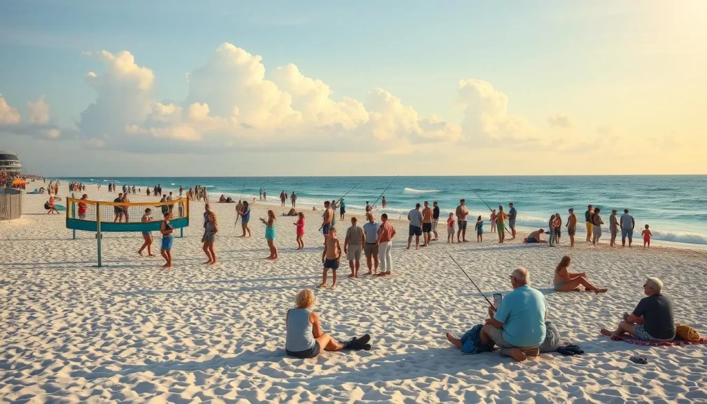 Generate an image of Destin, Florida, in October with pleasant weather and people enjoying outdoor activities.