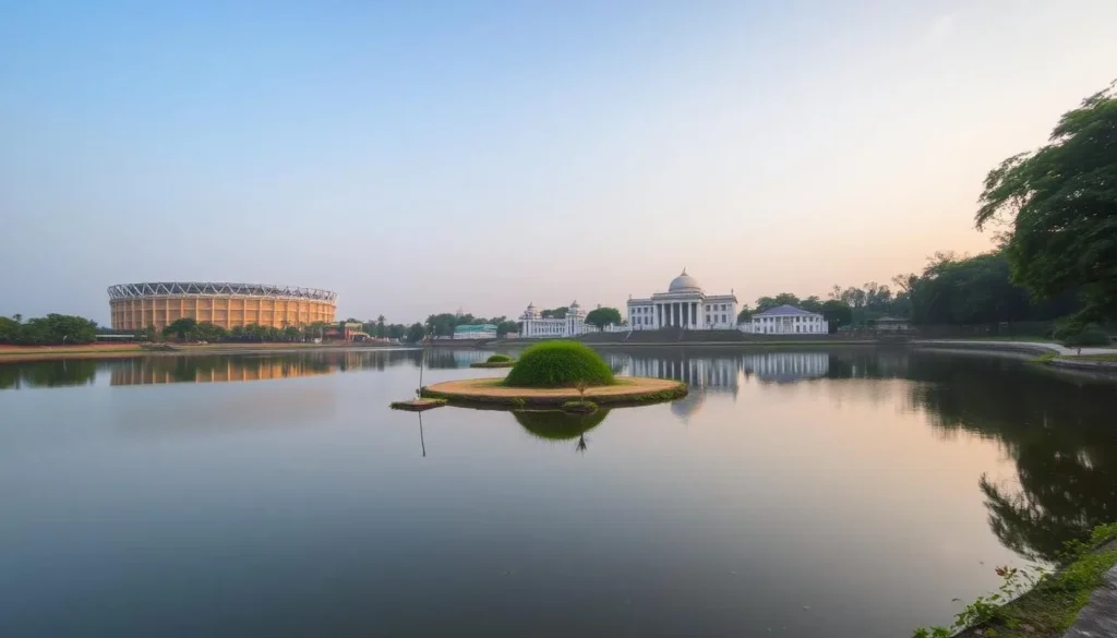 Generate an image of Dharmasagar Pond in Comilla, Bangladesh, highlighting its serene atmosphere and surrounding landmarks like Comilla Stadium and Kazi Nazrul Islam Memorial Hall.