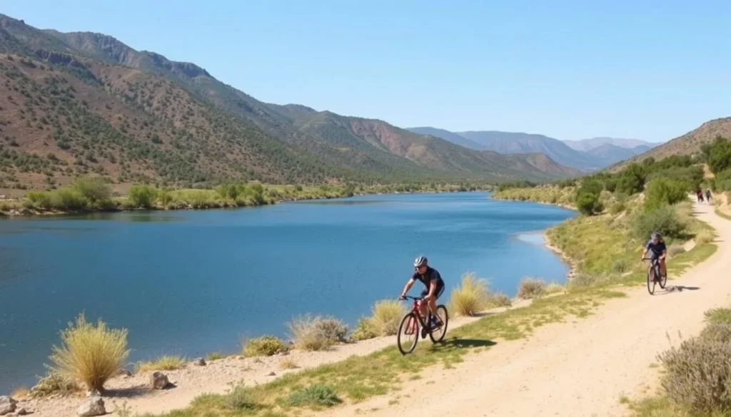 Generate an image of Diamond Valley Lake with cyclists on the surrounding trails.