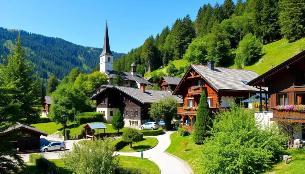Generate an image of Diemtigen village with its traditional Swiss wooden houses and charming church.