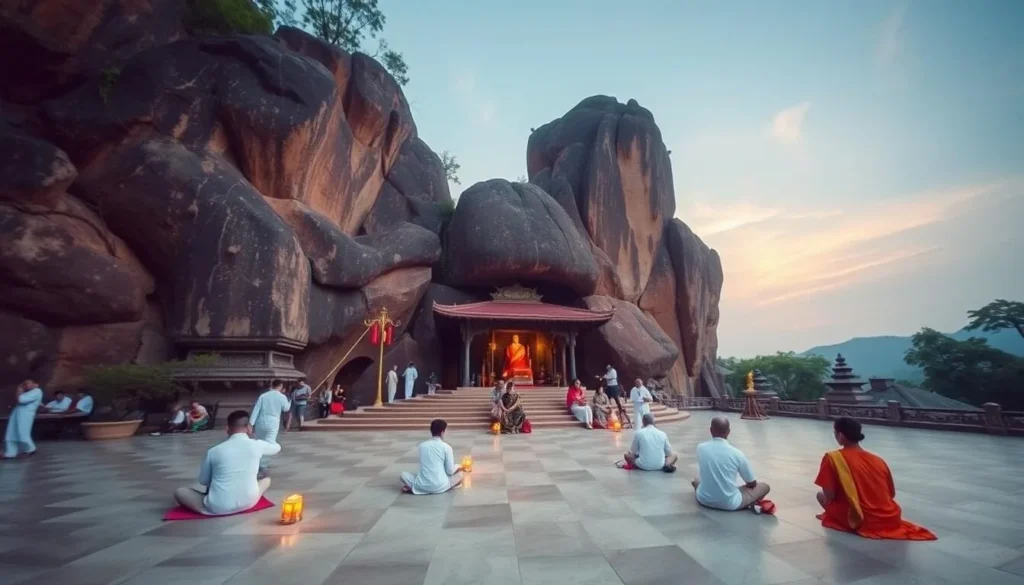 Generate an image of Dinh Cau Temple and Rock with devotees and a serene atmosphere.