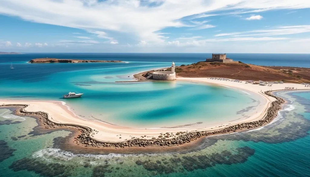 Generate an image of Dirk Hartog Island with pristine beaches and historical landmarks.