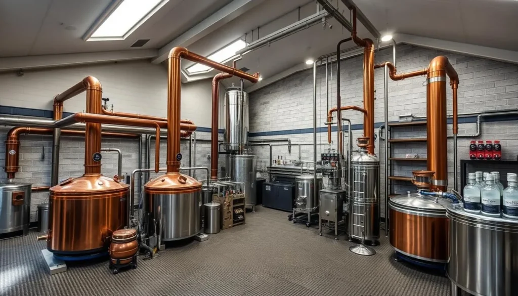 Generate an image of Djinn Spirits Distillery in Nashua, NH, showcasing its modern facilities and craft distillation process.